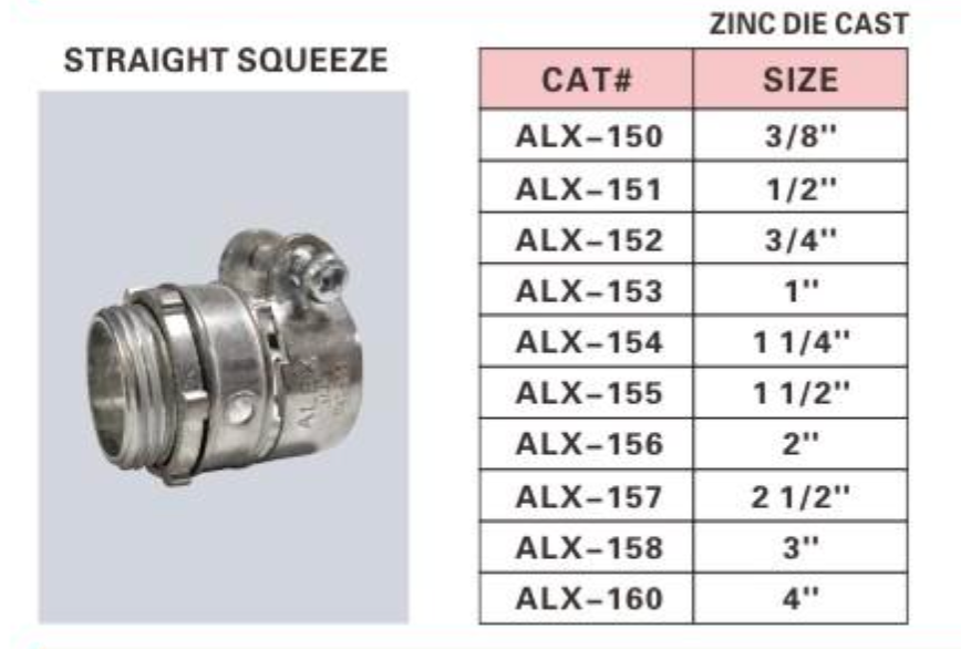 ALX-151 EMT BX Straight Squeeze Connector