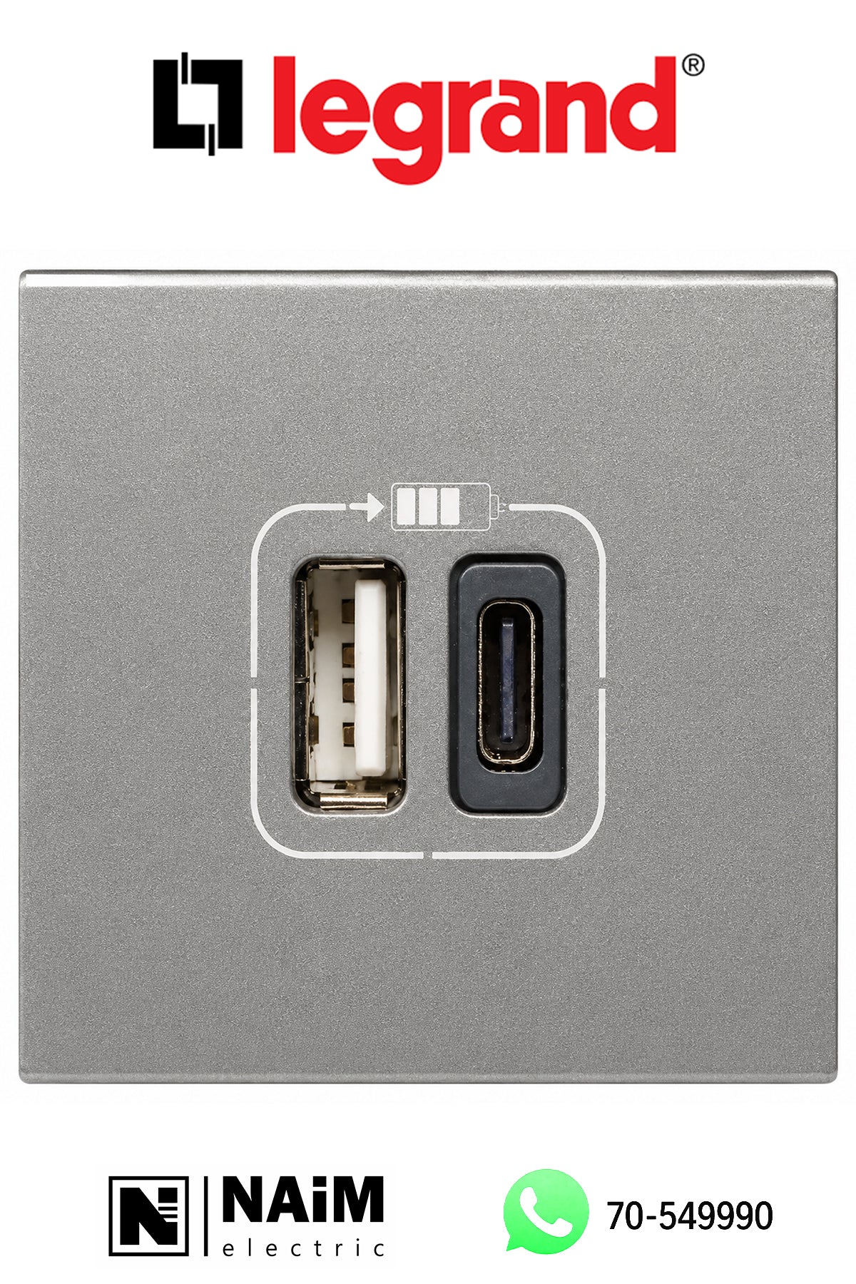 572577 1 USB Type-A + 1 USB Type-C charging socket 3 A / 15 W 230 V - 5 V= - 2 modules - Magnesium